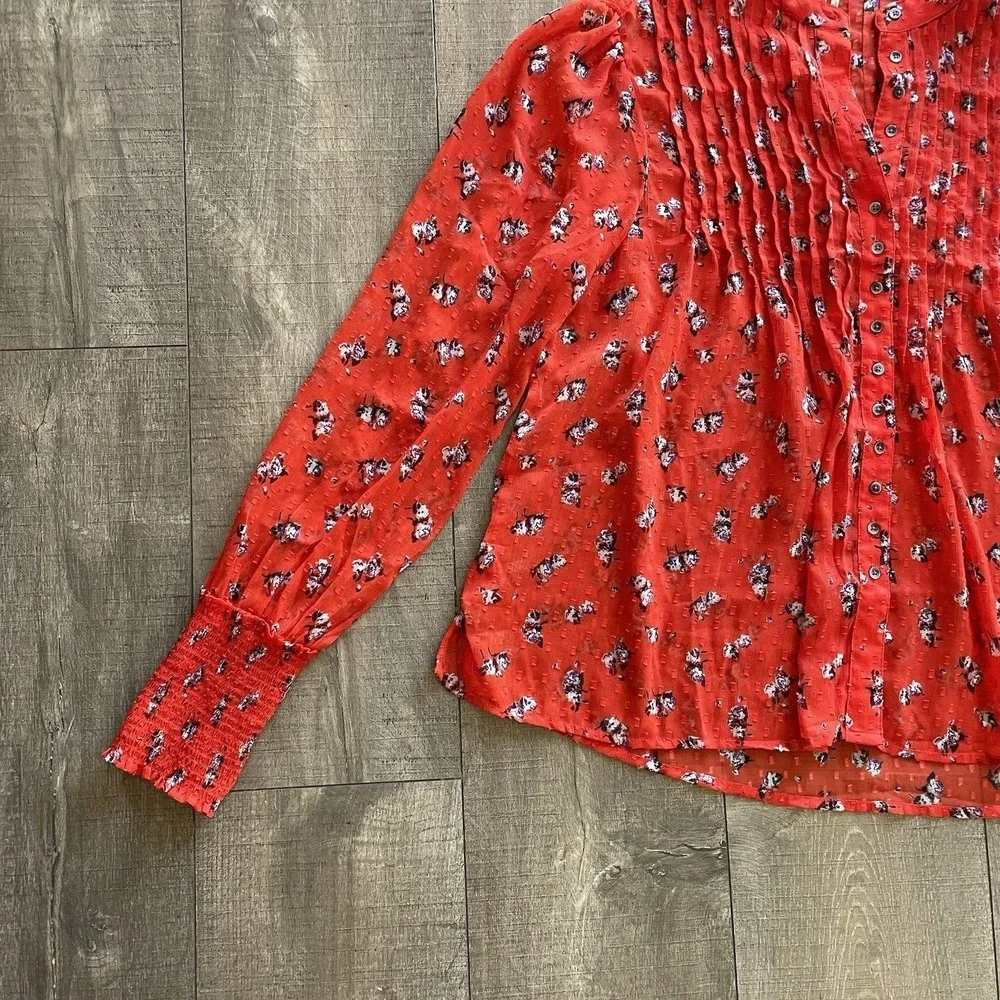 Free People Floral Blouse Womens S Red Cottagecore Pintuck Swiss Dot Sheer Top